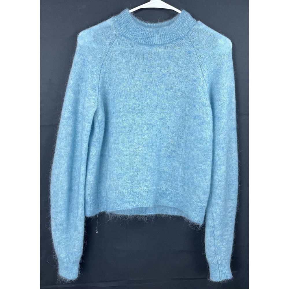 EUC H&M Women's Mohair Blend Knit Sweater Blue Fuzzy Crew Neck Cropped Soft Sz S